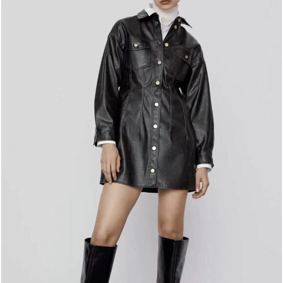 NEW ZARA Dark Brown Faux Leather Button Mini Dress Medium - Picture 1 of 4